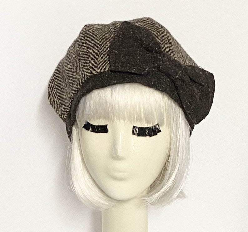 Herringbone Beret Hat Bow Brown Wool Beret Hat Bow Tweed Etsy
