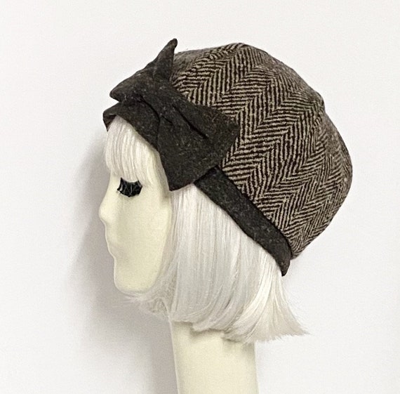 Herringbone Beret Hat Bow Brown Wool Beret Hat Bow Tweed Etsy