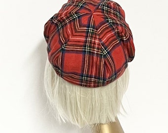Red Wool Tartan Plaid Beret Hat UK