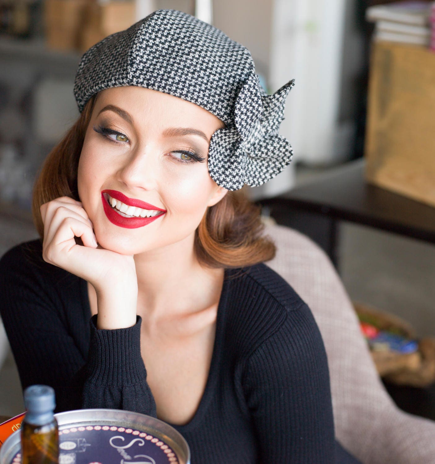 Beret Hat Flower, Beret Herringbone Wool, Plaid Beret Hat  display picture 1