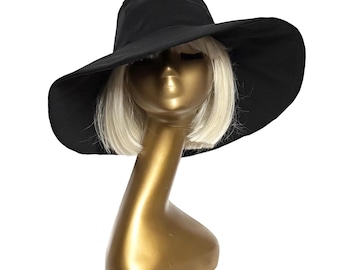 Wide Brim Sun Hat Black Cotton Twill Packable Hat