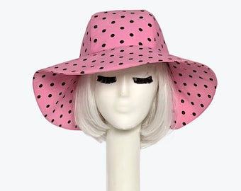 Sun Hat Polka Dots, Hot Pink Wide Brim Hat, Floppy Hat,  Travel Hat, Packable Hat, Black and White Sun Hat