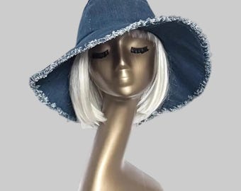 Denim Wide Brim hat, Sun Hat, denim hat, boho hat, floppy hat, beach hat, travel hat, summer hat,