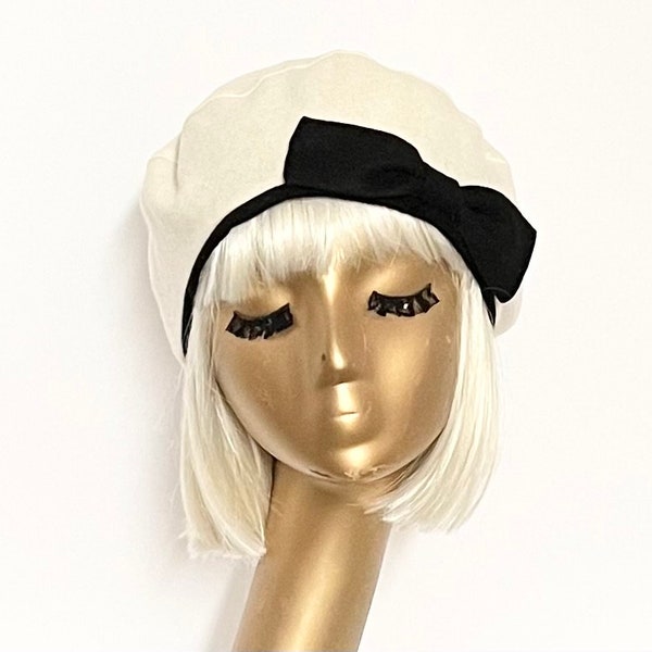 Béret Blanc Chapeau Laine Noeud Noir