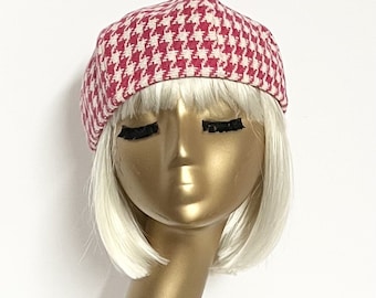 Hot Pink White Wool Houndstooth Beret Hat