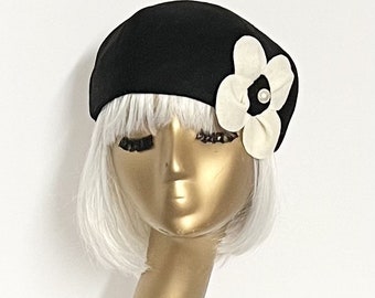 Beret Hat Flower, Beret Black White Wool,  Beret Hat Wool, French Beret Flower