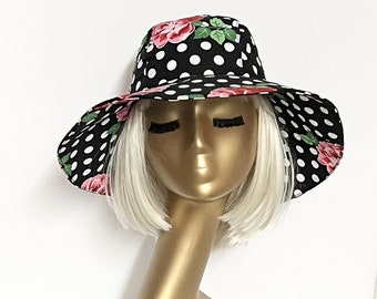 Sun Hat Polka Dots & Floral Print Wide Brim