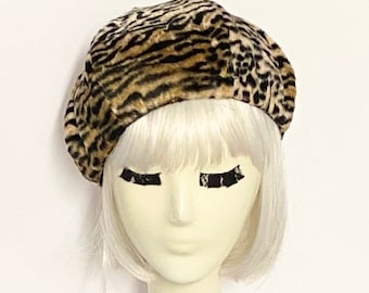 Beret Hat Leopard Faux Fur, Pin Up Girl Hat, French Beret, Leopard Beret,