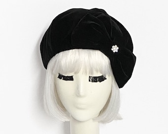 Velvet Black Beret Hat bow