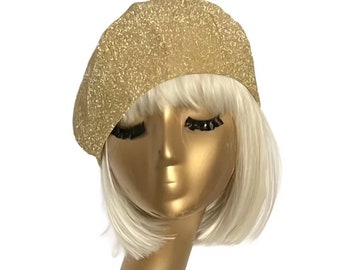 Gold Lurex Metallic Knit Beret Hat