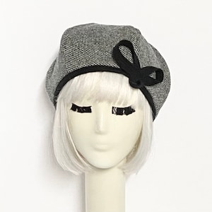 Beret Hat Bow, Black & White Wool Beret Hat Bow, Wool Beret Bow, Black and White Hat, Hat with Bow