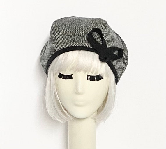 Beret Hat Bow, Black & White Wool Beret Hat Bow, Wool Beret  display picture 1