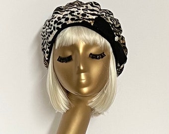 Beret Hat Leopard Faux Fur with Rhinestone Bow