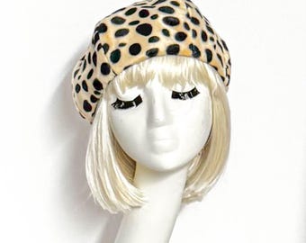 Beret Hat Animal Print Faux Fur, Pin Up Girl Hat, French Beret, Dalmatian Beret hat, Bambi Print Beret