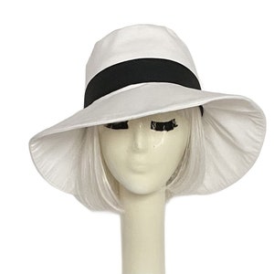 Sun hat wide brim white with black band cotton twill