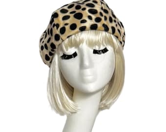 Beret Hut Animal Print Kunstpelz, Pin Up Girl Hut, französische Baskenmütze, Bambi Print Baskenmütze