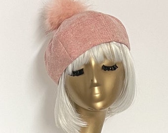 Pink Herringbone Wool Beret Hat Pom Pom