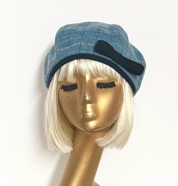 Beret Hat Bow, Blue Plaid Beret Hat Bow, Wool Beret Bow  display picture 1
