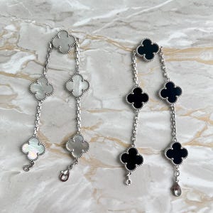Vintage Mother of Pearl Clover Bracelet 5 Motif Bracelet Onyx Bracelet 925 Sterling Silver Bracelet Gift for her