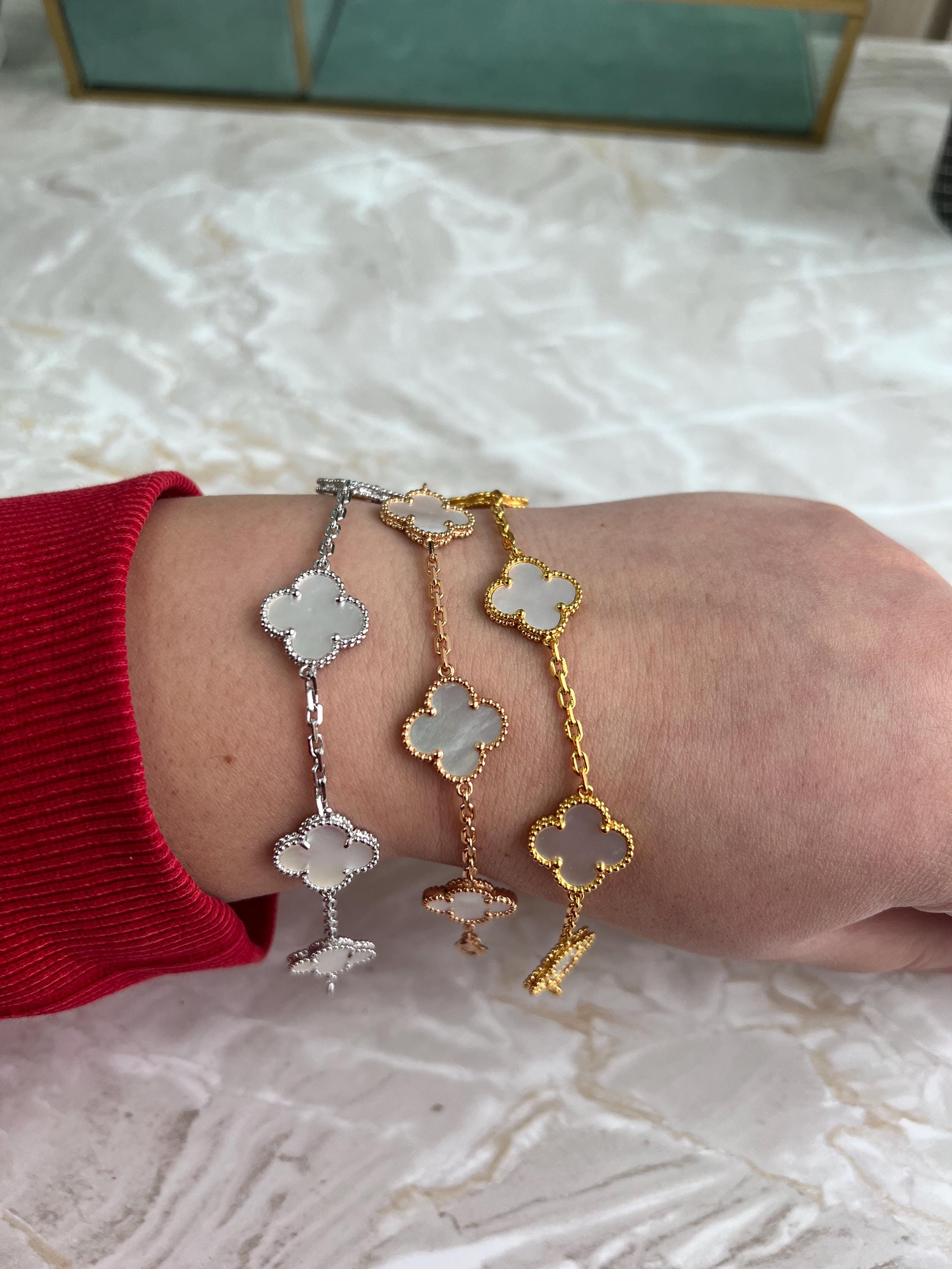 Vintage Mother of Pearl Clover Bracelet 18k Gold Plated 925 Sterling Silver Bracelet Gift for Her Silver Jewelry