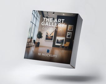 May include: A floating square box with the text "THE ART GALLERY Collection" and "16 MOCKUPS". The box features a mock-up of an art gallery with paintings, chairs, and a plant.