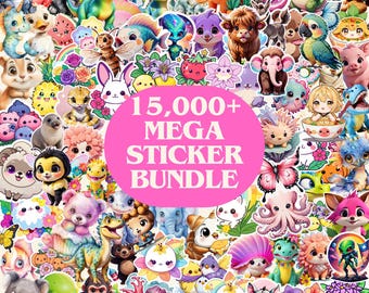 Op de afbeelding: Een levendige verzameling kleurrijke stickers met verschillende schattige cartoon dieren en fantasie wezens. De stickers bevatten draken, konijntjes en andere grillige ontwerpen. De afbeelding bevat een roze ovaal met de tekst "15.000+ MEGA STICKER BUNDLE."