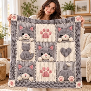 May include: A square knit blanket featuring a grid pattern of nine alternating cream and gray blocks. The design includes gray cat faces, cat paws, a gray heart, and cat silhouettes in raised knit textures with pink accents on ears and paws.