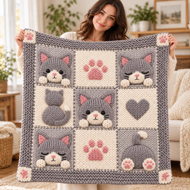 May include: A square knit blanket featuring a grid pattern of nine alternating cream and gray blocks. The design includes gray cat faces, cat paws, a gray heart, and cat silhouettes in raised knit textures with pink accents on ears and paws.