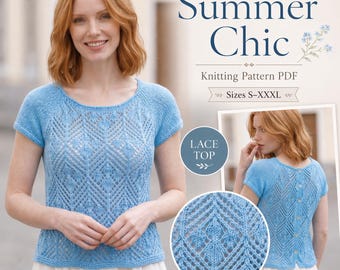 Summer Chic Knitting Pattern, Lace Top PDF, Short Sleeve Raglan Sweater, Sizes S-XXXL