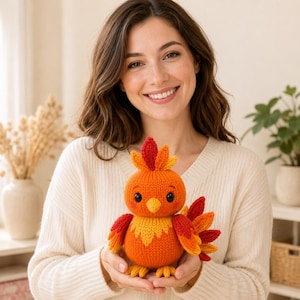 May include: A small, round, knitted phoenix toy featuring vibrant orange, yellow, and red yarn. The plush bird has a rounded body, a pointed beak, small wings, a fanned tail, and a crest on its head, all crafted with a soft, textured knit finish.