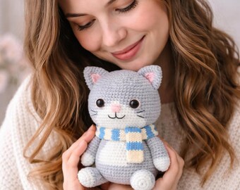 Amigurumi Cat Crochet Pattern PDF, Plush Toy with Striped Scarf
