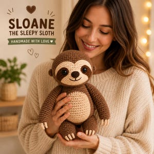 May include: A brown and cream crochet sloth plush toy with dark eyes and a stitched smile. The text above the toy reads SLOANE THE SLEEPY SLOTH HANDMADE WITH LOVE with a heart icon. The toy features a round head, a cream-colored belly, and claws.