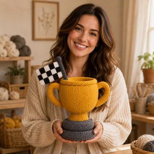 May include: A crocheted trophy with a golden yellow cup, two side handles, and a dark gray base. A small black and white checkered flag on a gray pole is attached to the rim of the trophy. The item is crafted from yarn with a visible knit texture.