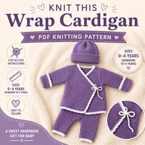 May include: A knitted purple wrap cardigan set for babies, including a hat and pants, with white trim. The set is designed for sizes 0-4 years. The image includes the text "KNIT THIS Wrap Cardigan PDF KNITTING PATTERN".