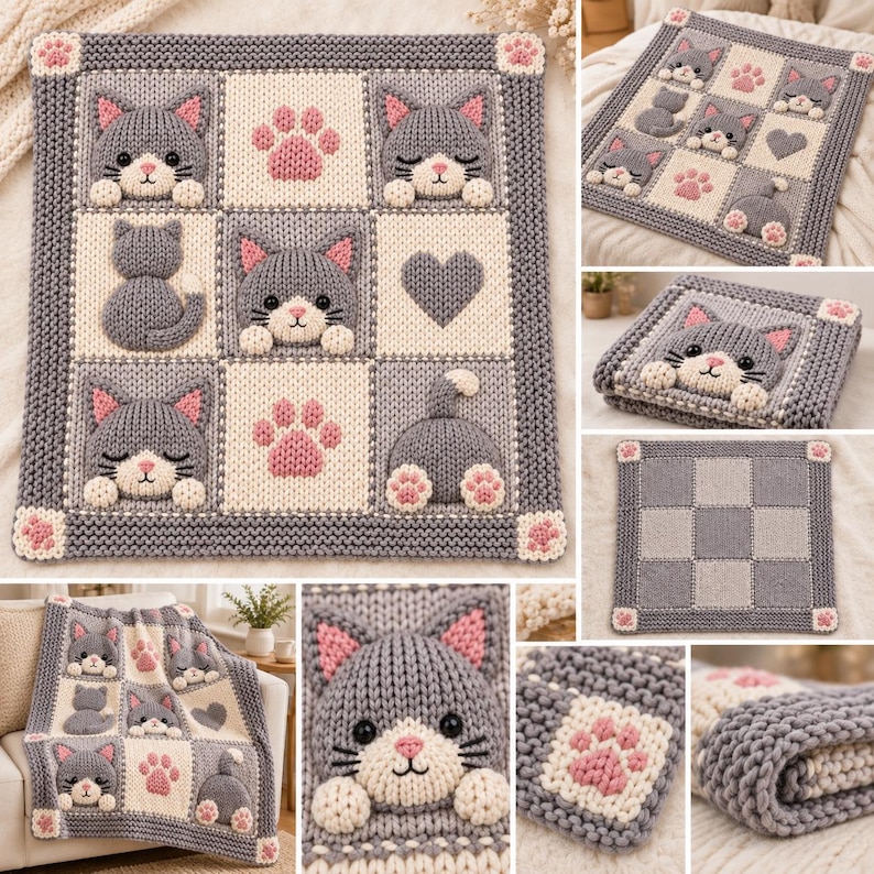 May include: A square knitted blanket featuring a grid pattern of grey and cream squares. The design includes three-dimensional grey cat faces, pink paw prints, and a grey heart. The border is a thick grey knit with small pink paw accents.
