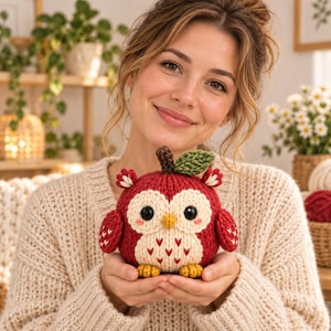 Puede incluir: Un peluche de búho tejido de forma redonda con cuerpo rojo oscuro, cara color crema, ojos negros grandes, un pequeño pico amarillo y dos pies amarillos. El búho tiene un tallo marrón y una hoja verde en la parte superior, como una manzana.