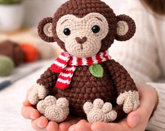 Monkey Amigurumi Pattern PDF, Crochet Toy with Scarf, Stuffed Animal Tutorial