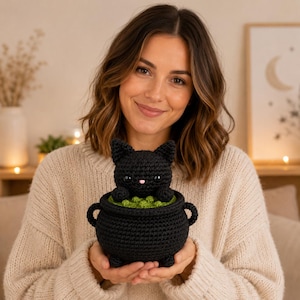 May include: A black crocheted cat plush toy sitting inside a black crocheted cauldron. The cat has small black ears, shiny black eyes, and a tiny pink nose. The cauldron is filled with small, textured green crocheted spheres resembling bubbles.