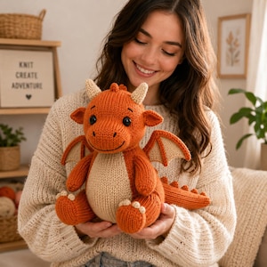 May include: A knitted dragon plush toy featuring a vibrant orange body with a cream-colored belly, inner wings, and horns. The creature has black safety eyes, a stitched smile, and a long tail with small spikes along the top edge.