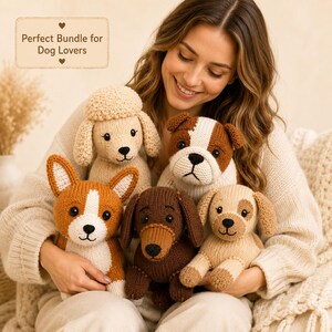 5 Dog Knitting Patterns Bundle, Corgi Poodle Bulldog Dachshund Puppy PDF