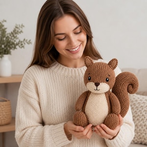 Puede incluir: Un peluche de ardilla tejido en colores marrón y crema. La ardilla presenta un cuerpo redondeado, una gran cola rizada, orejas pequeñas y puntiagudas, y una mancha de color claro en el vientre. Tiene ojos negros bordados, nariz marrón y boca cosida.