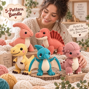 May include: A collection of five crocheted dinosaur plush toys in various colors including pink, yellow, and blue. Each dinosaur features a cream-colored belly, black button eyes, and stitched details. The set includes a parasaurolophus, a spinosaurus, a t-rex, a pterodactyl, and an ankylosaurus, all displayed together.