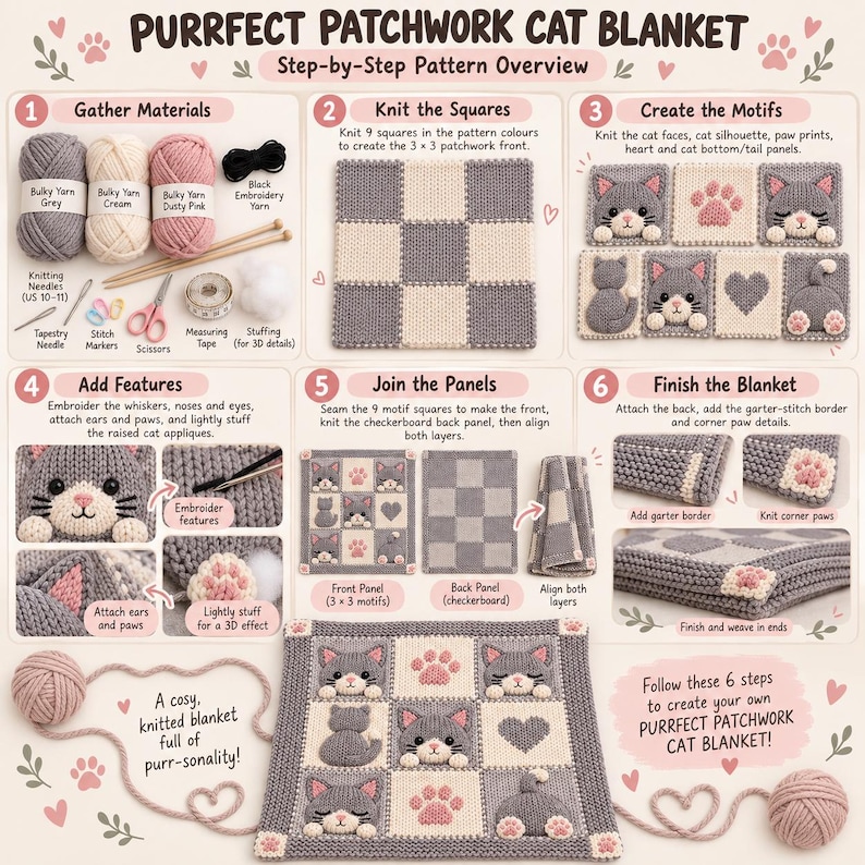 May include: A step-by-step knitting pattern guide for a Purrfect Patchwork Cat Blanket. The infographic displays six stages: gathering materials like bulky yarn and US 10-11 needles, knitting squares, creating cat motifs, adding features, joining panels, and finishing the blanket with a garter border. The final design features a 3x3 grid of grey and cream squares with cat faces, paw prints, and hearts.