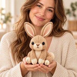 May include: A small, hand-knitted stuffed rabbit toy featuring light brown yarn for the body, cream-colored accents on the paws, muzzle, and inner ears, and two round, black plastic eyes with a small embroidered brown nose and mouth.