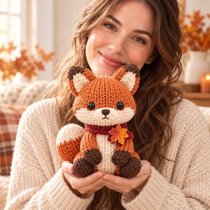 May include: A knitted fox plush toy featuring orange, cream, and dark brown yarn. The fox has black safety eyes, a small embroidered nose, and wears a dark red scarf accented with a single orange and yellow maple leaf embellishment.