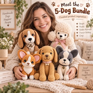 Puede incluir: Una colección de cuatro peluches de perro tejidos a ganchillo que incluye un beagle, un caniche con un lazo rosa, un golden retriever y un bulldog francés. La imagen contiene el texto Meet the 5-Dog Bundle, Handmade Dogs Happier People y Small Stitches Big Happiness.