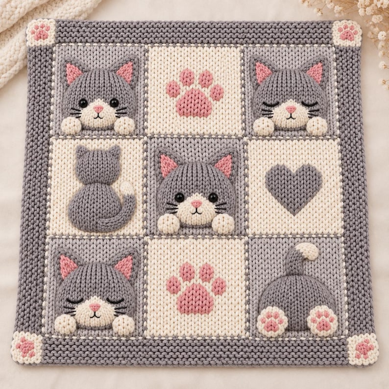 May include: A square knitted blanket featuring a grid of nine panels in gray and cream. The design includes raised 3D motifs of gray cats with pink ears, pink paw prints, and a gray heart. The border is gray with small pink paw prints at corners.