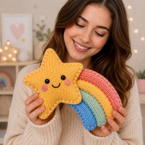 Può includere: Un peluche lavorato a maglia a forma di stella gialla con un viso sorridente, occhi a perla neri e guance rosa. Attaccata alla stella c'è una coda arcobaleno multicolore con strisce di filato lavorato a maglia rosa, giallo, verde chiaro e blu.
