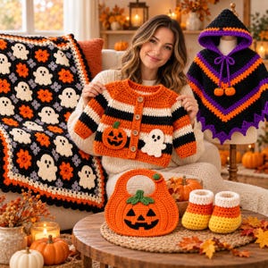 Halloween Crochet Pattern Bundle, 5 Baby & Home Projects, Poncho Blanket Bib Cardigan Booties