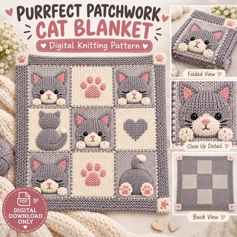 May include: A digital knitting pattern for a Purrfect Patchwork Cat Blanket. The design features a grid of squares with grey and cream knitted cats, pink paw prints, and hearts. Includes views of the folded blanket, a close-up, and the back.